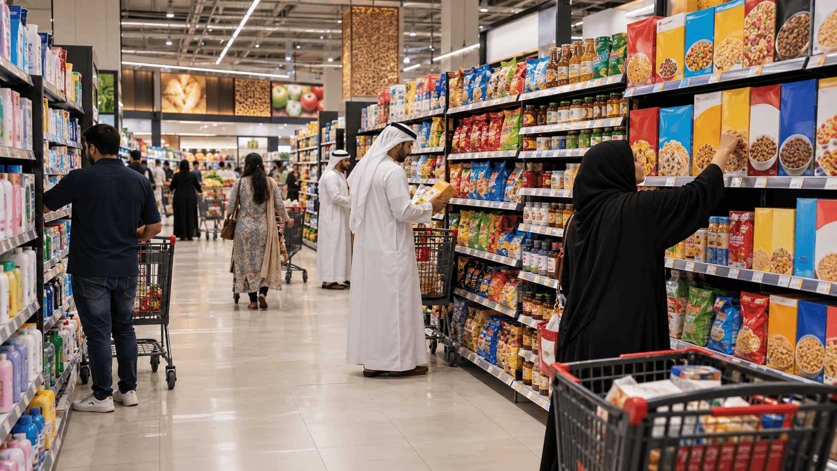 Shoppers in a GCC supermarket aisle browsing a shelf densely stocked with FMCG products from many different companies
