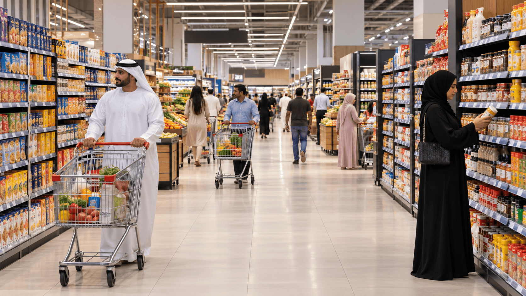 A busy modern GCC hypermarket aisle with shoppers and stocked shelves