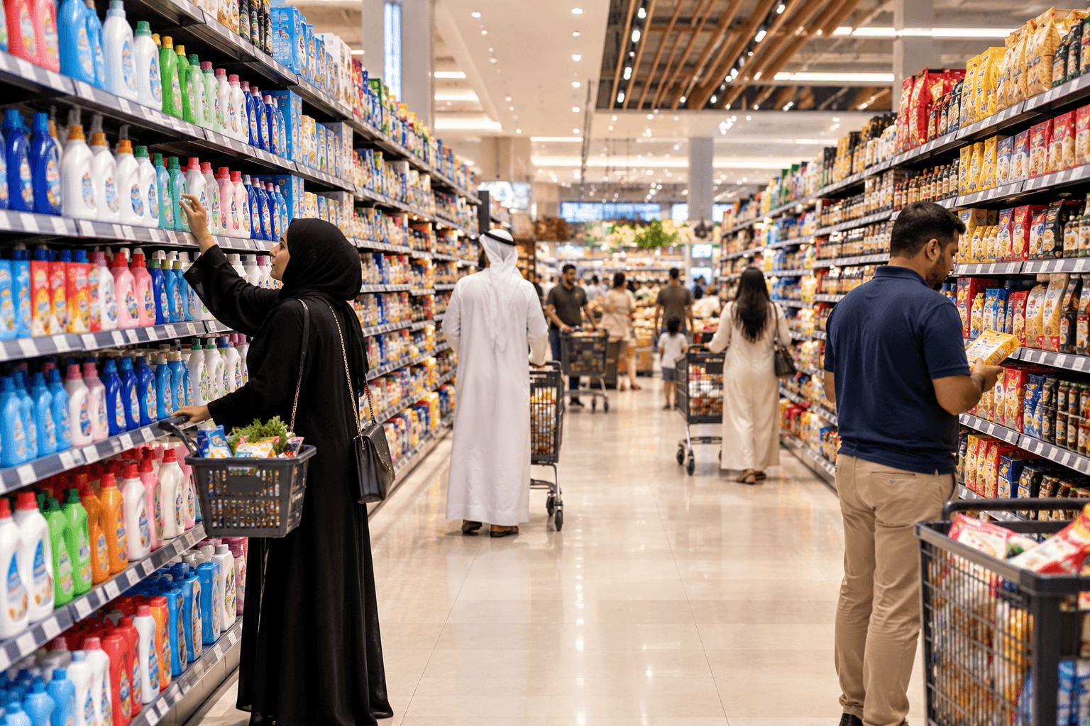 Shoppers browsing aisles in a modern GCC hypermarket